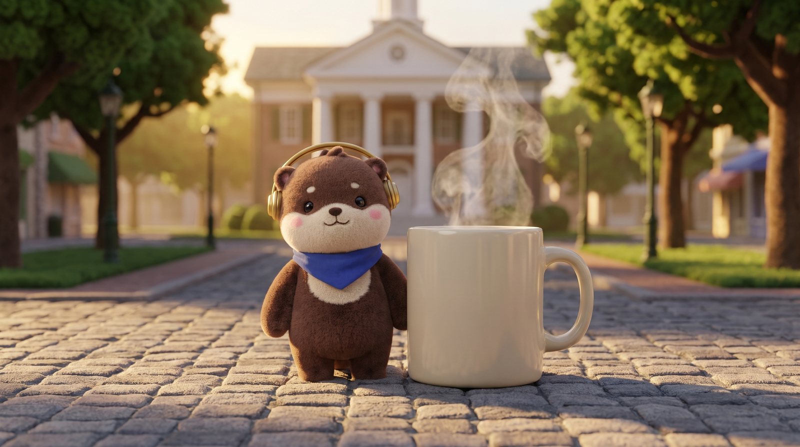 Murf the otter pup next to a giant coffee mug on a small-town courthouse square in the morning